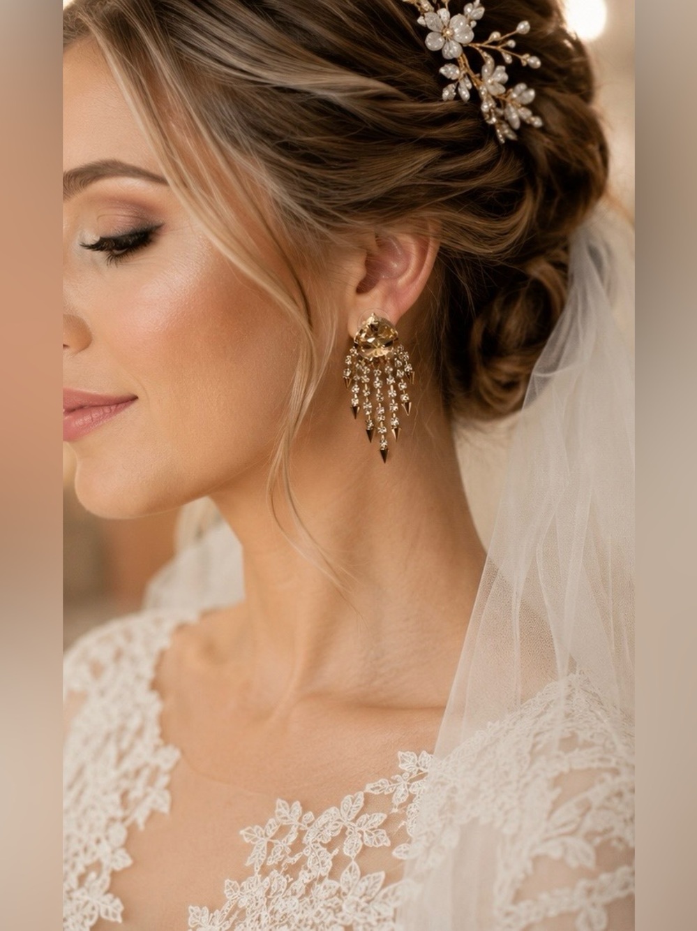 ✨Champagne Crystal Fringe Chandelier Earrings w/ Rhinestone Drops✨